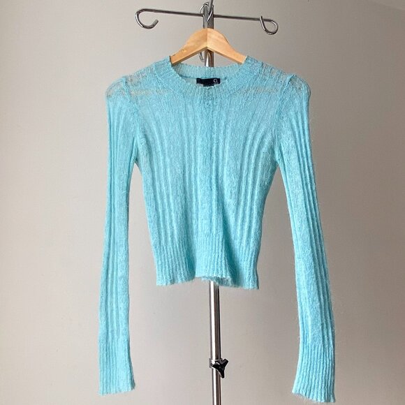 ❄️ Turquoise Blue Mohair Blend Thin Second Skin See Through Long Sleeve Sweater - Picture 1 of 7